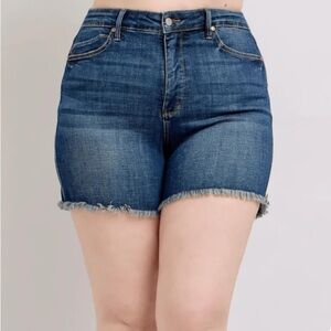 JUDY BLUE HIGH WAIST TUMMY CONTROL FRAY HEM SHORTS DARK WASH SZ 30